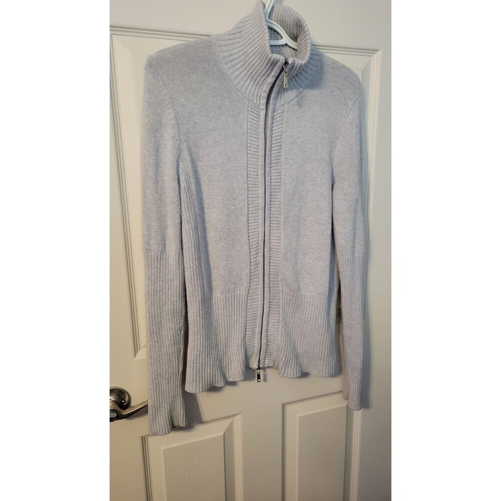 Boston Proper Silk Blend Two Way Zip Cardigan Sweater Grey Ribbed Knit Medium
